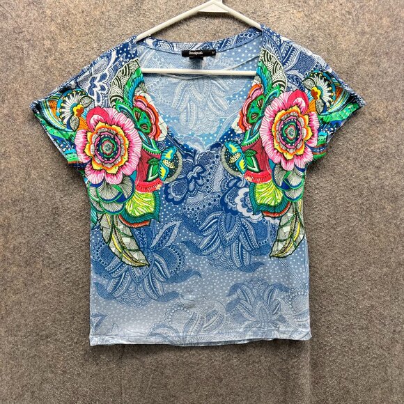 Desigual Shirt Women Medium Blue Abstract Floral Graphic Short Sleeve V Neck Tee - Picture 1 of 9